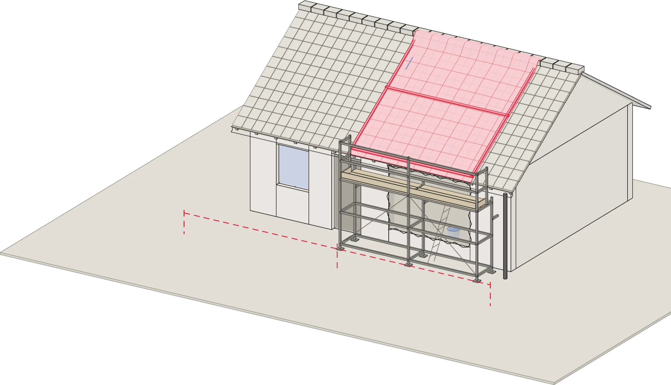 Maison dont le versant ouvert par le vent est bâché : la bâche descend du faîtage à la gouttière, ses bords roulés sur des liteaux, un échafaudage avec garde-corps monté devant la façade et le pied du chantier balisé (illustration de principe).