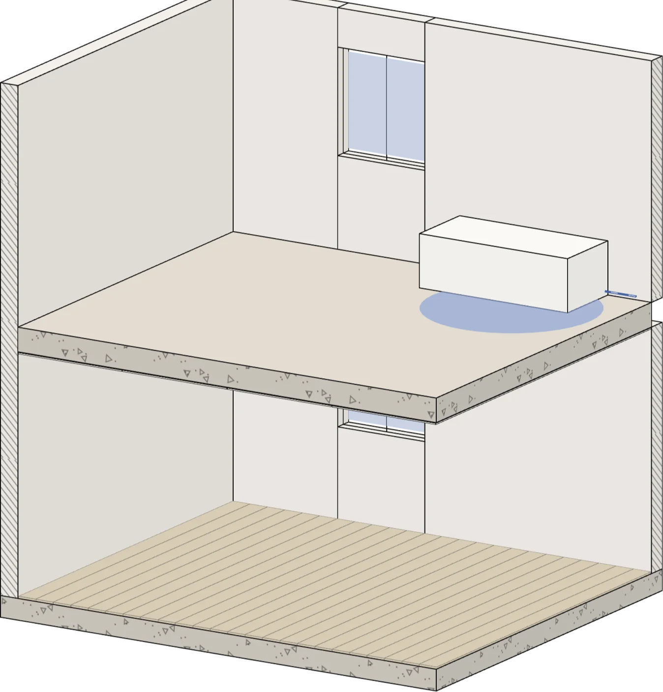 Coupe d’une maison à étage : fuite sous la baignoire, l’eau s’étale sur le sol de l’étage (illustration de principe).
