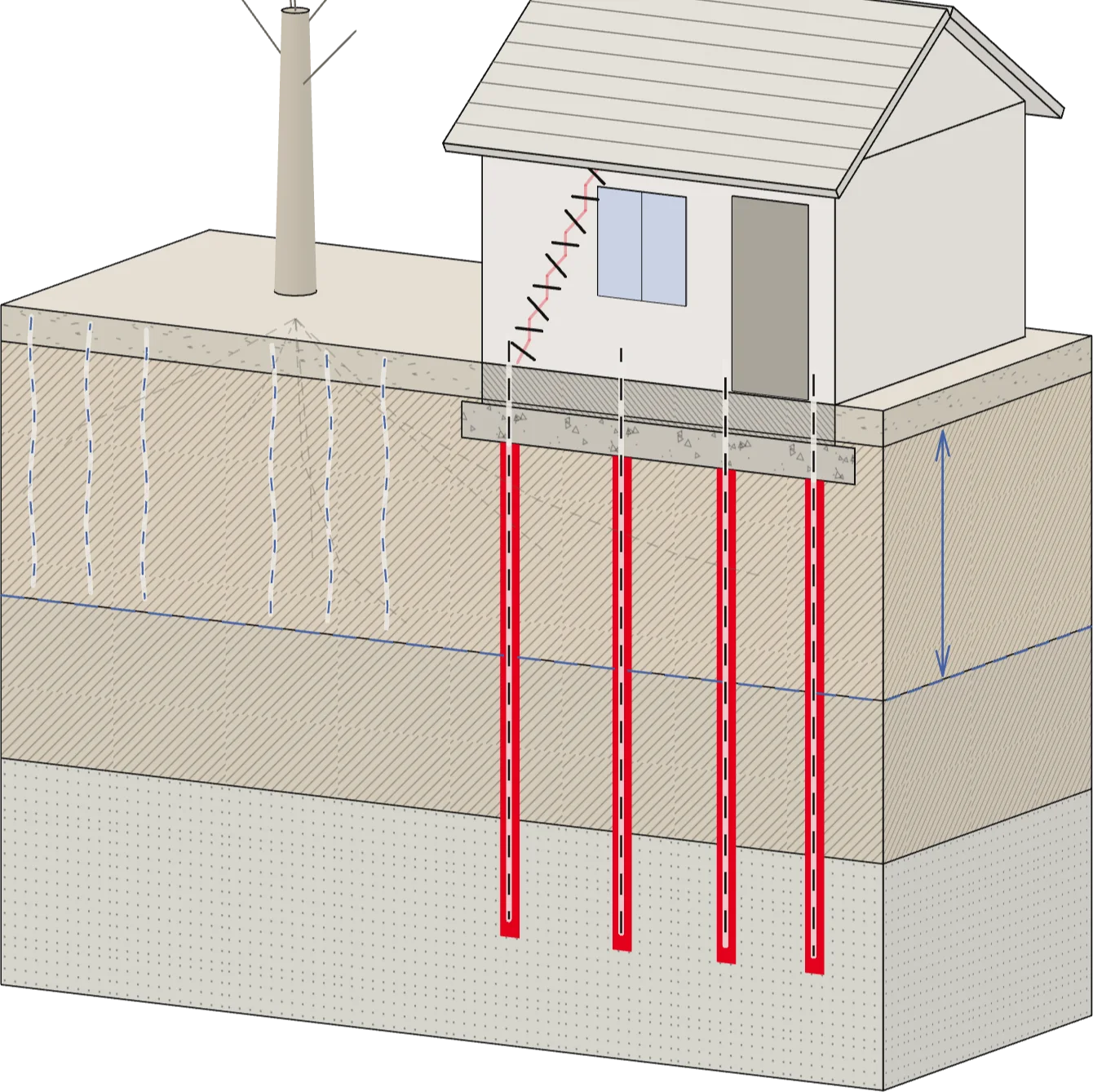 Coupe d’une maison voisine d’un arbre : la zone active de l’argile, et les micropieux qui reportent la maison sous cette zone (illustration de principe).