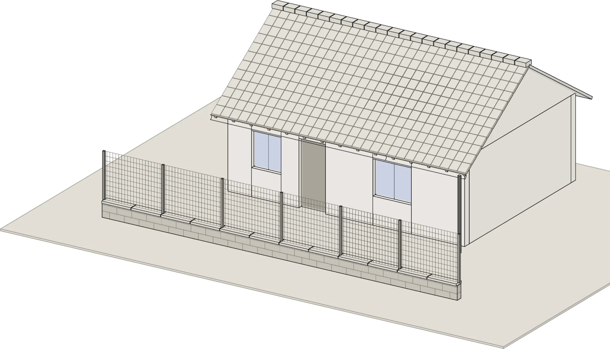 Maison de plain-pied remise en état après une tempête : toiture en tuiles, faîtage, gouttière, façade, muret et clôture grillagée (illustration de principe).