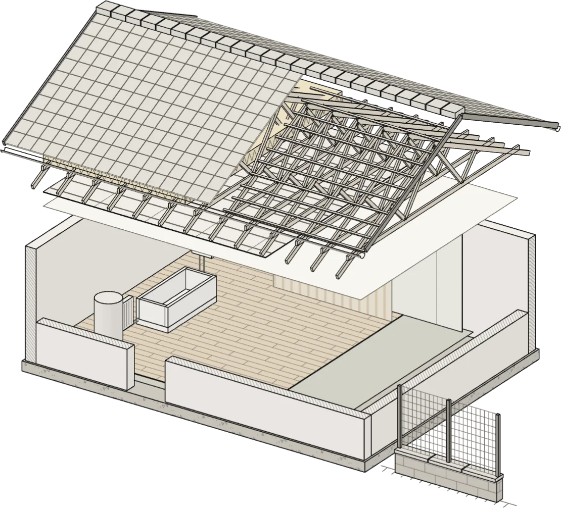 Vue éclatée d’une maison de plain-pied : couverture, charpente et isolant, plafond, papier peint, sanitaires, revêtement de sol, murs et clôture (illustration de principe).