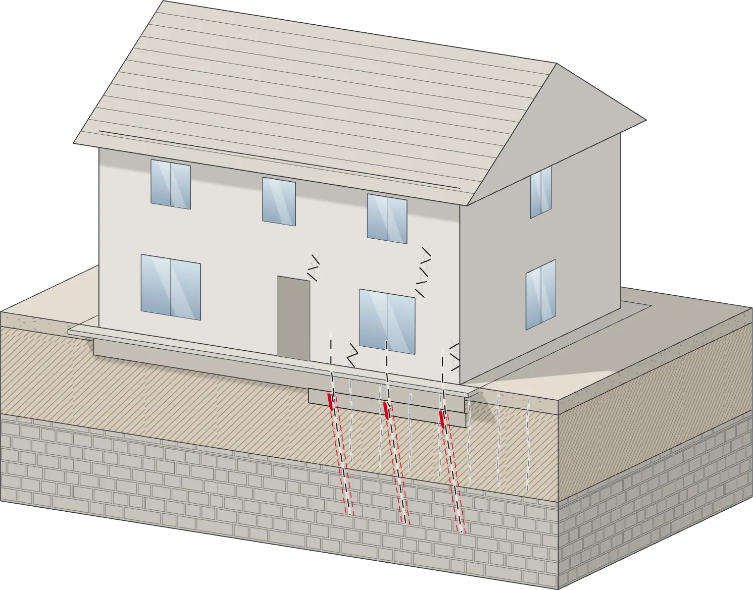 Maison reprise en sous-œuvre : micropieux jusqu’au bon sol et fissures agrafées (illustration de principe).