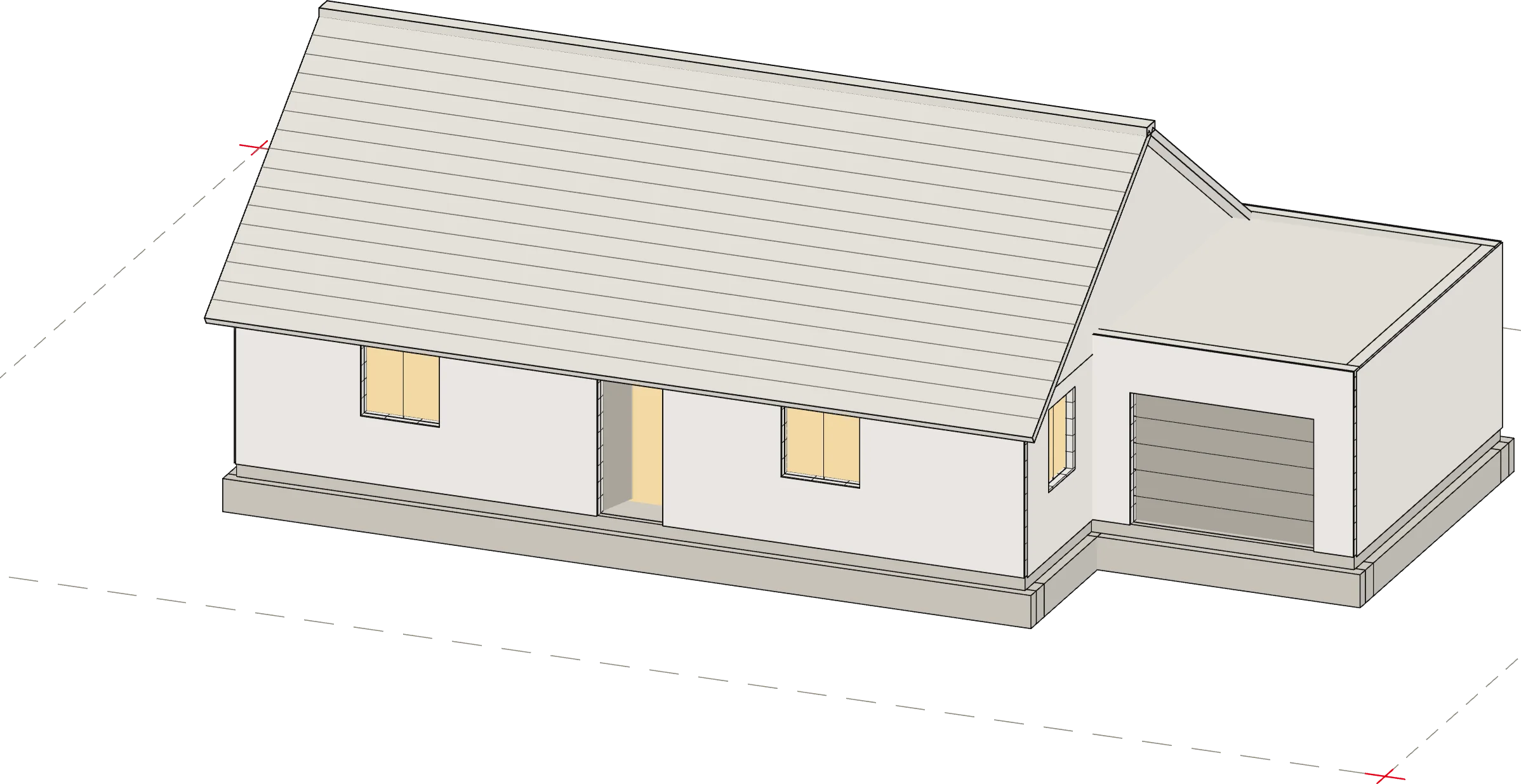 Maquette 3D d’une maison individuelle terminée : toiture en tuiles, menuiseries et garage accolé (illustration de principe).